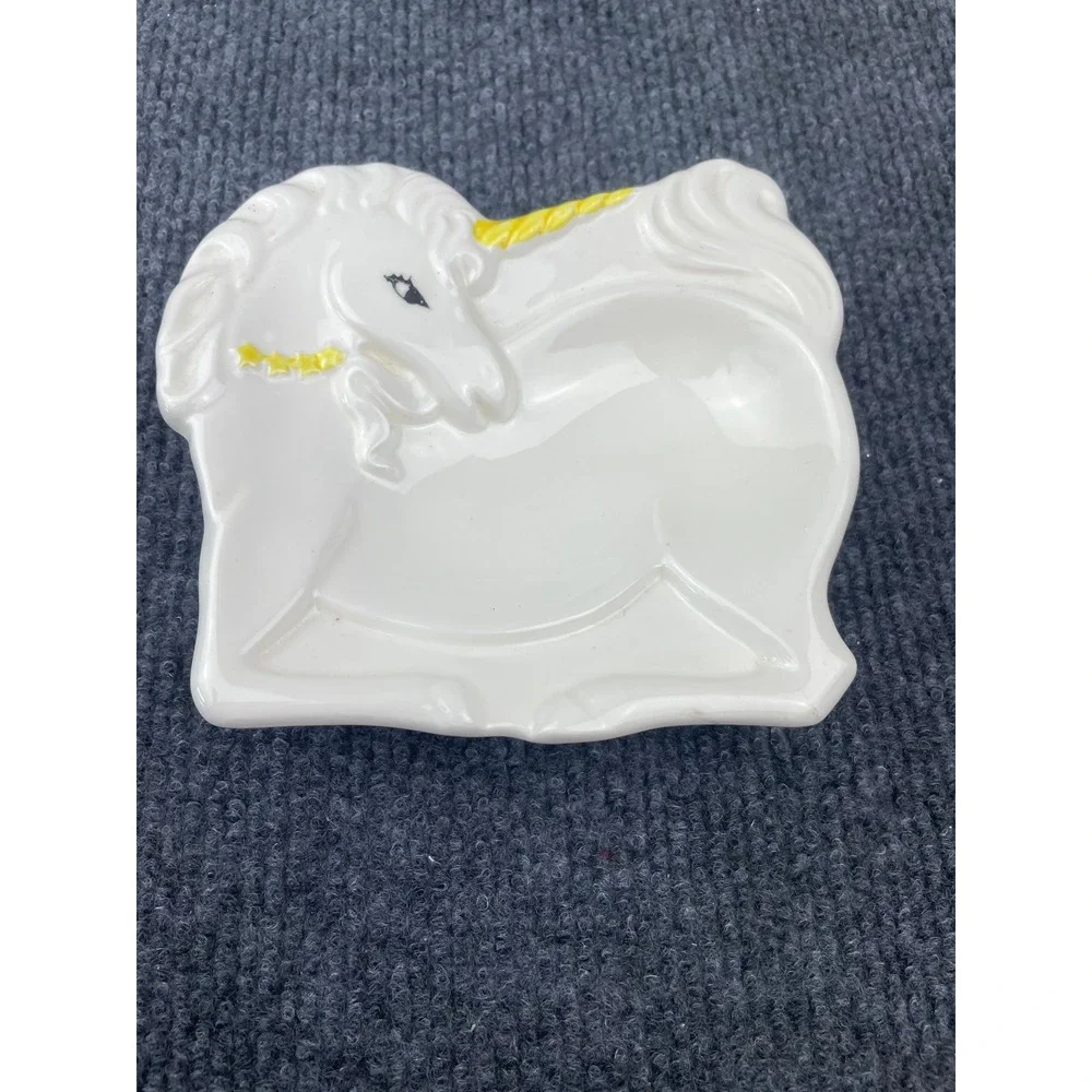 Vintage Japan Ceramic Unicorn Trinkical Dish White Yellow Figural Catchall Tray